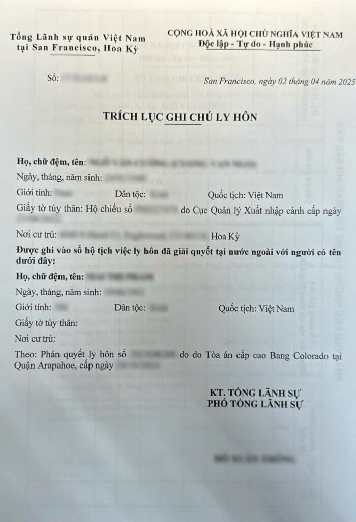 Bạn có thể làm hợp pháp hóa bán án ly hôn tại Đại sứ quán/Tổng lãnh sự quán Việt Nam tại Mỹ và sau đó đem về Việt Nam để làm ghi chú ly hôn vào sổ hộ tịch. 
